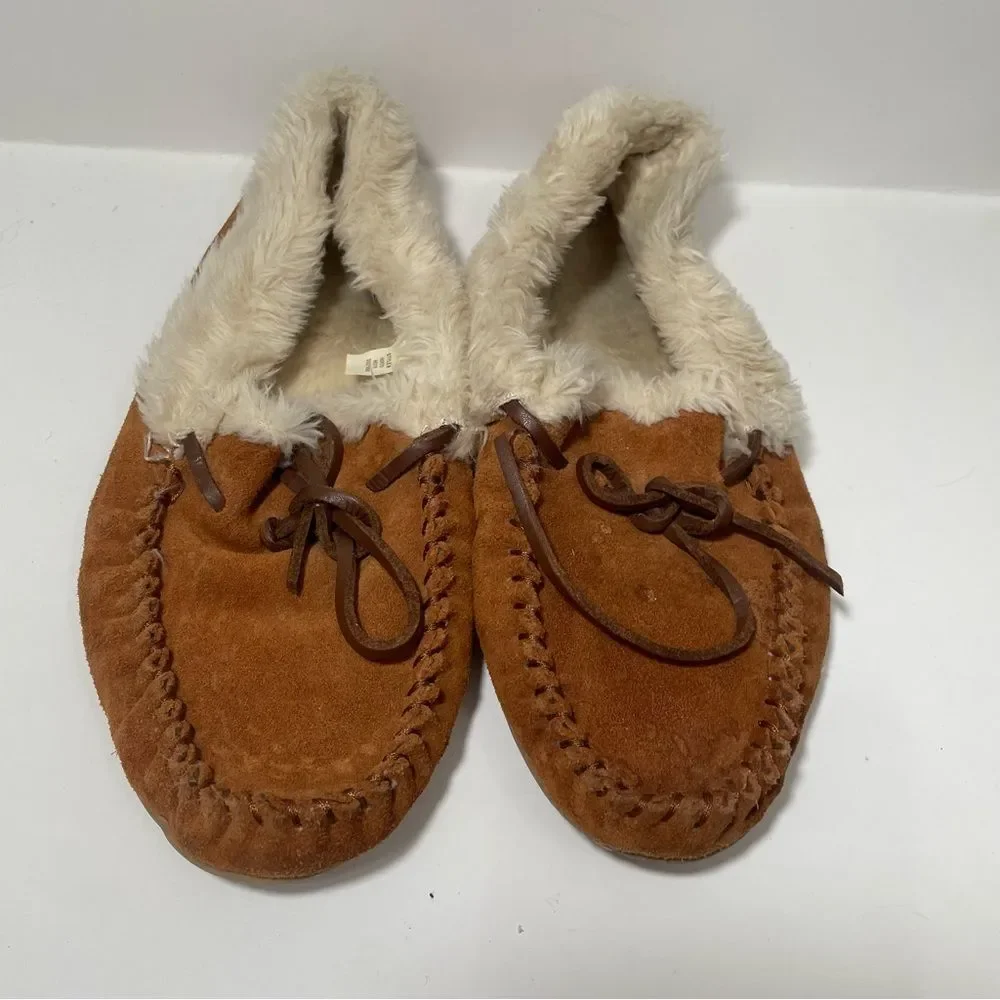 J. Crew Brown Fur Lined Moccasin Slippers